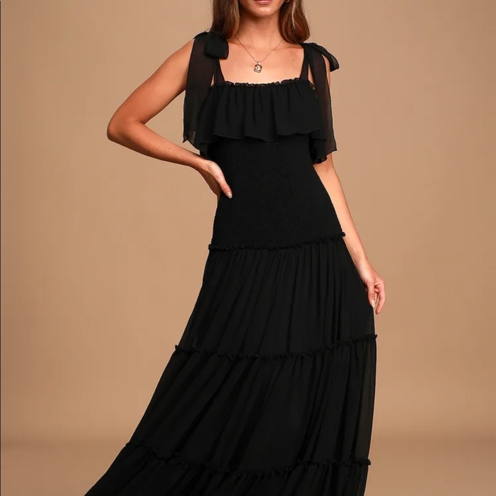 NWT Like a Fairy Tale Black Smocked Tie-Strap Tiered Maxi Dress